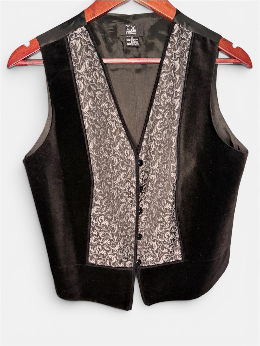 Vintage Women's Black Velvet Vest with Silver Brocade Front Gothic | Size Medium